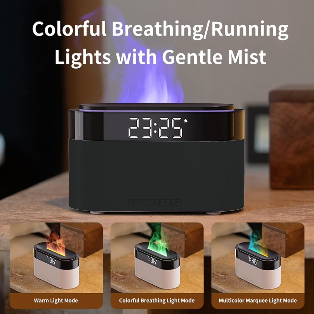 Flammen Aroma Diffuser mit Lichtwecker,Diffuser Ätherische Öle mit Fernbedienung,Wecker mit Licht,Lu