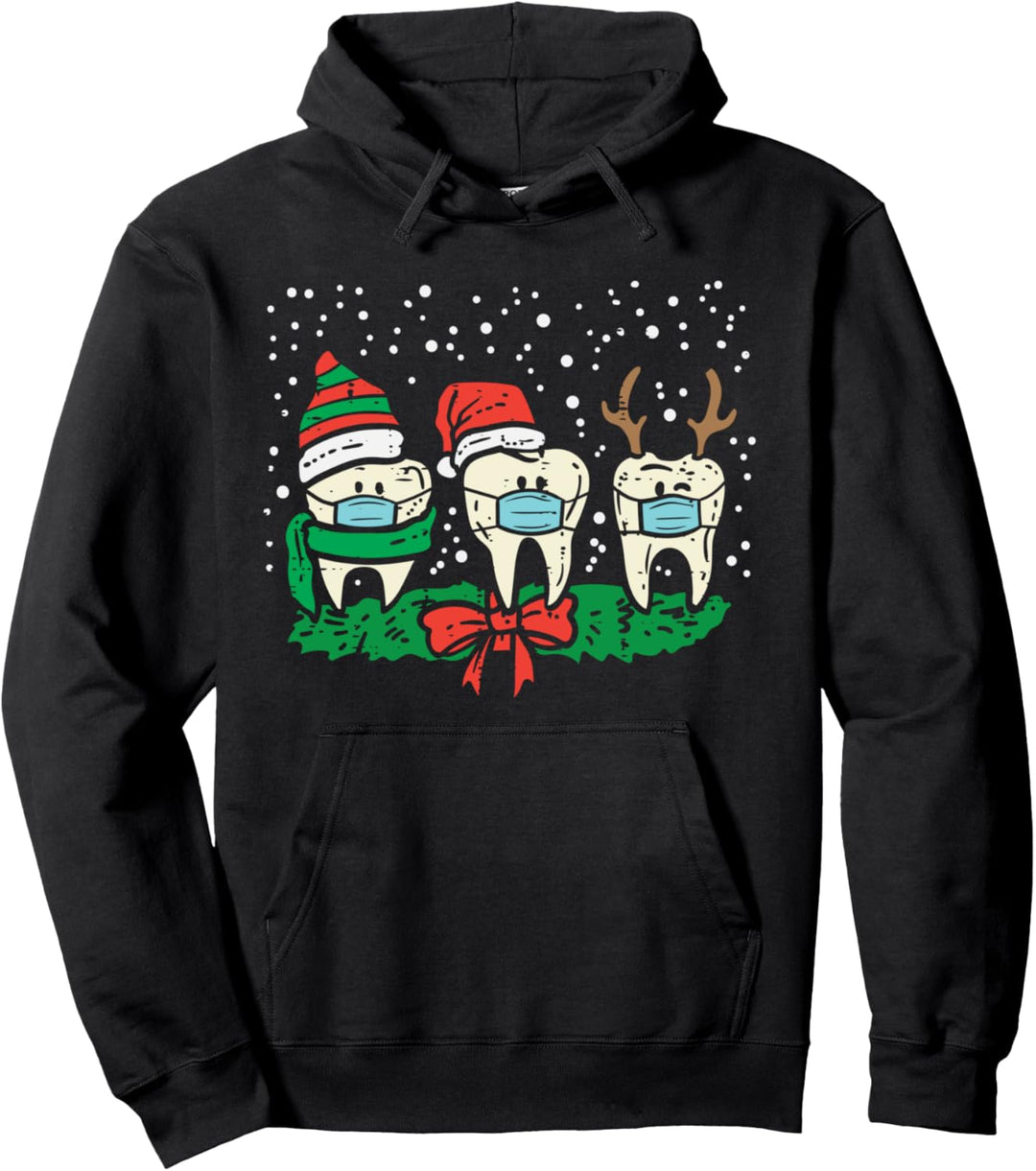 Elf Santa Reindeer Teeth Mask Xmas Quarantine Dentist Gift Pullover Hoodie