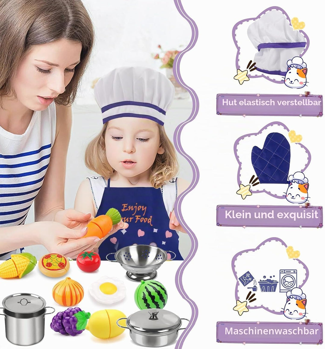 Kinderküche Zubehör 32 Stück Spielküche Zubehör,Kochgeschirr Edelstahl Pfannenset Schürze und Kochmü