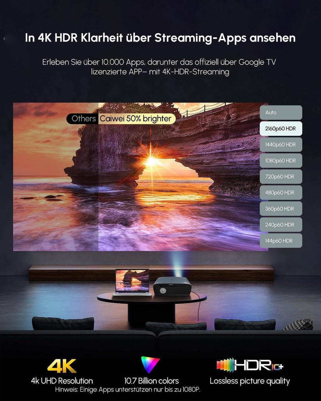 Beamer 4K mit Google TV, 2400 ANSI Tageslicht Beamer 4K Heimkino mit Tof AutoFokus DD+ HDR10+ AI Coo
