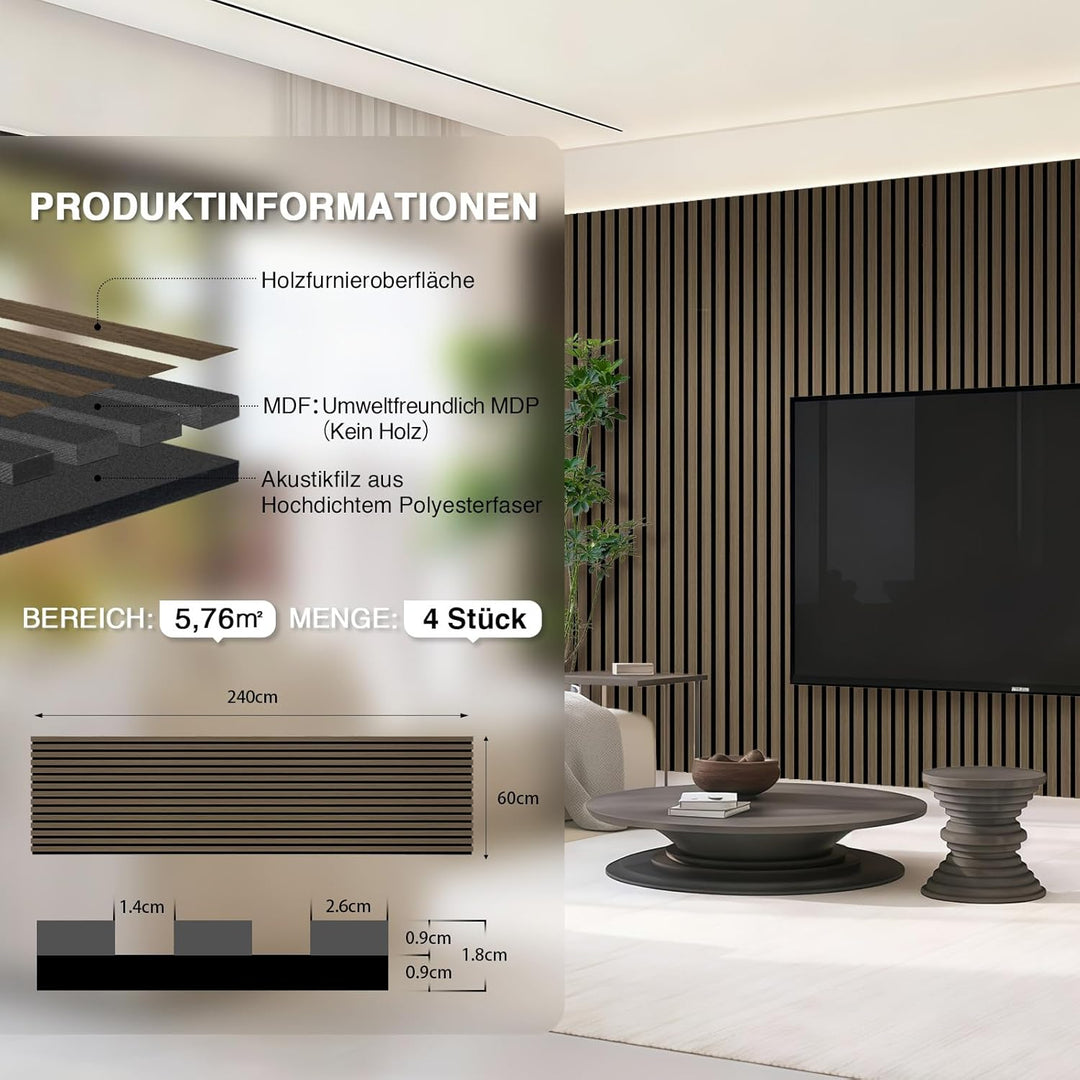 Akustikpaneele Holz 240x60cm(5,76m²),4 Pack Wandpaneele mit Holzfunier & Filz,Holzpaneele Wand für Z