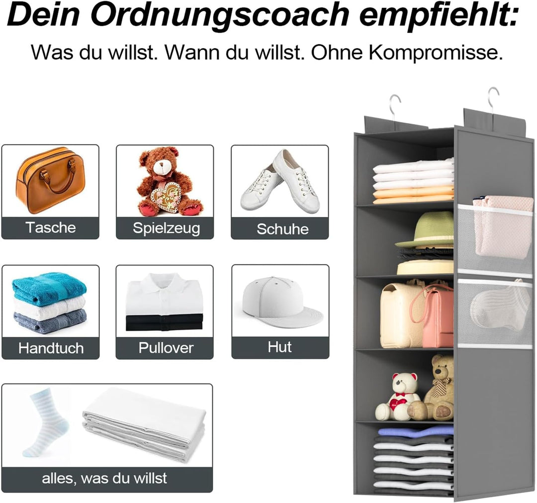 ALLTIDYUP 2 Stück Extra Tiefer Schrank Hängeorganizer – Grau, 5 Fächer, Kleiderschrank Organizer, St