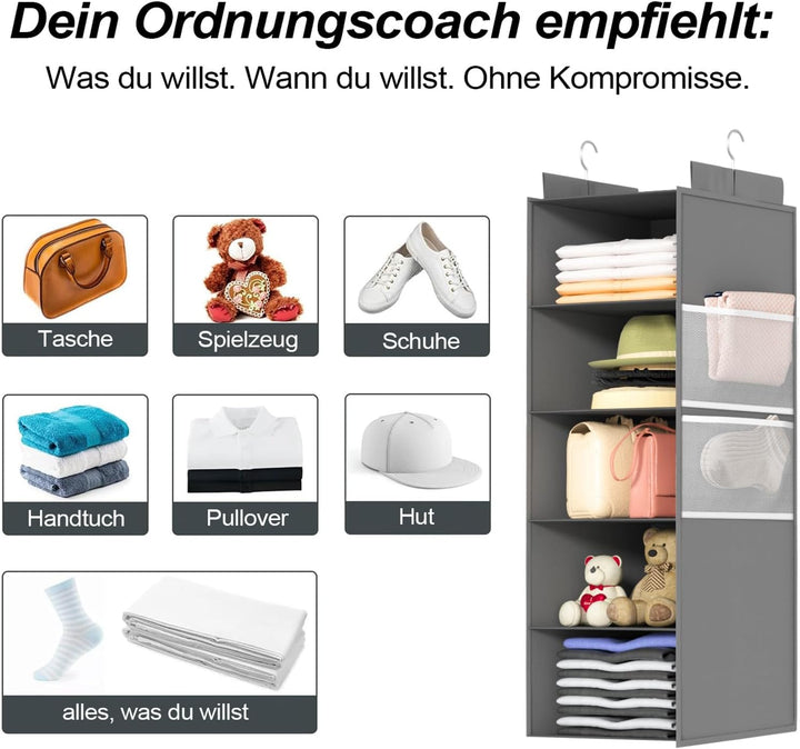 ALLTIDYUP 2 Stück Extra Tiefer Schrank Hängeorganizer – Grau, 5 Fächer, Kleiderschrank Organizer, St
