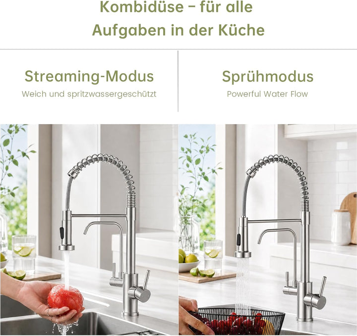 3 Wege Wasserhahn Küche, 3 in 1 Wasserhahn Küche Ausziehbar Gebürstet Edelstahl 3 Wege, Gebürstet Ed