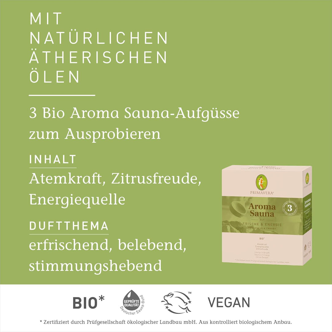 PRIMAVERA Set Aroma Sauna Frische & Energie bio 3 x 10 ml – Atemkraft, Energiequelle, Zitrusfreude –