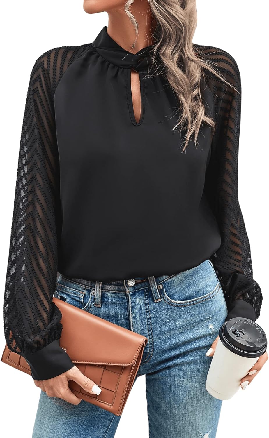 GORGLITTER Damen Blusen Elegant Mesh Raglanärmel Oberteil Hemdbluse Langarmshirt mit Chevron Mesh XL