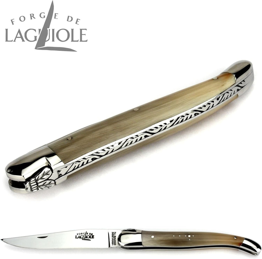 Forge de Laguiole Taschenmesser - 12 cm - Griff geflammte Hornspitze - Klinge 10 cm glänzend - Backe