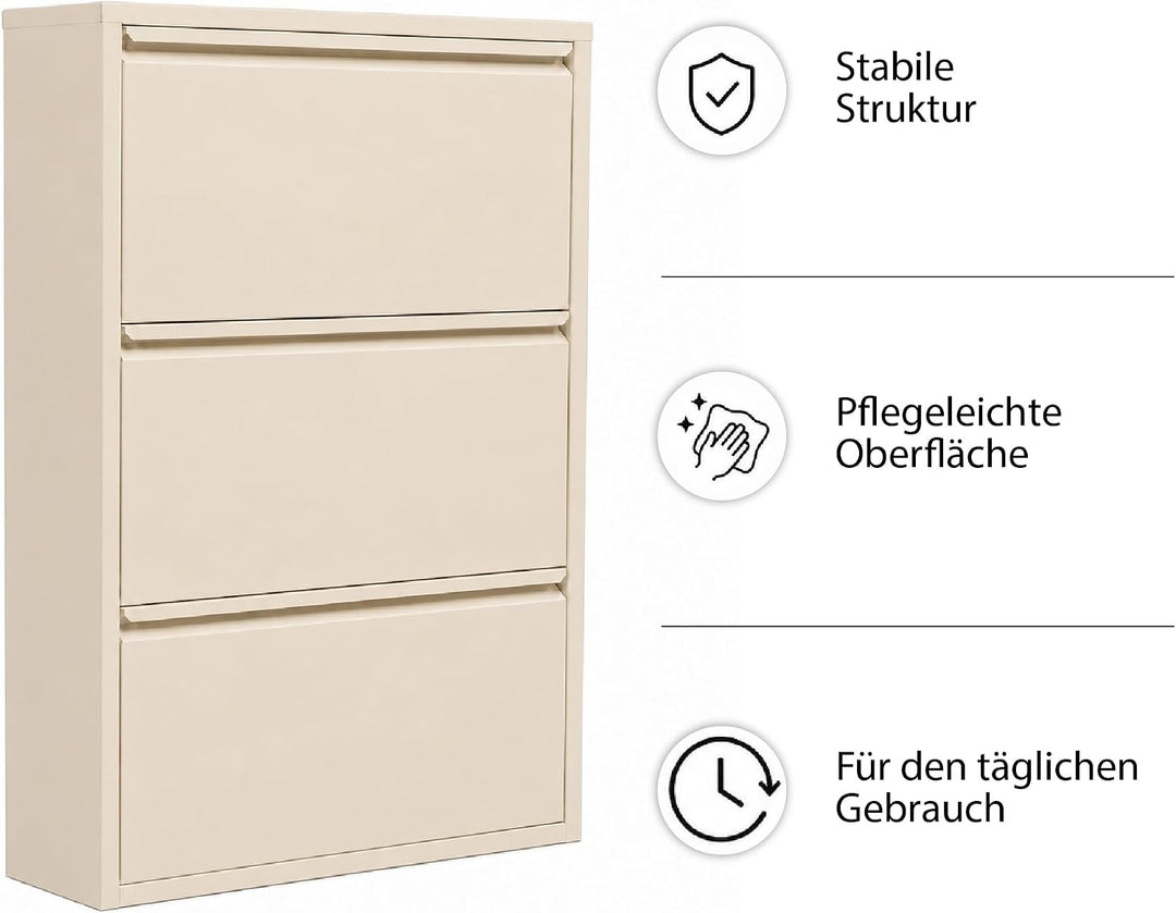 Schuhschrank Schmal mit 3 Klappen, Metall, Freistehend oder Wandmontage, für Flur, Eingang &amp; Diele,