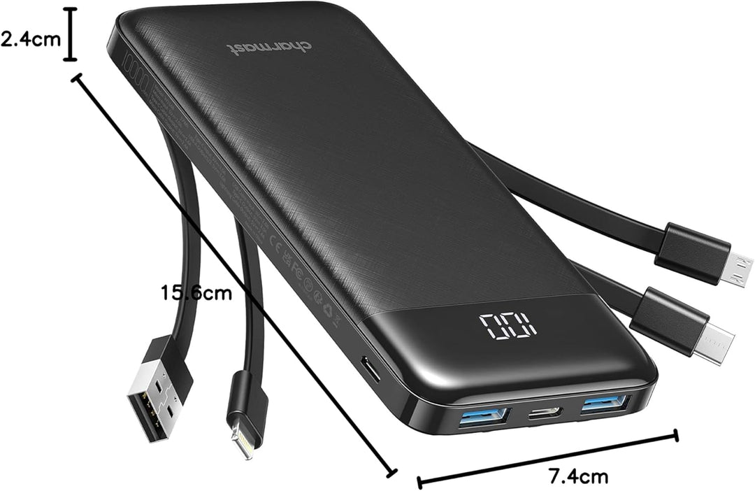 Charmast Powerbank 10000mAh Externer Akku USB C Power Bank mit 4 integriertes Ladekabel Tragbares La