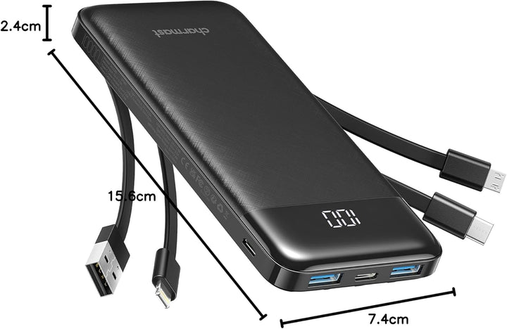 Charmast Powerbank 10000mAh Externer Akku USB C Power Bank mit 4 integriertes Ladekabel Tragbares La