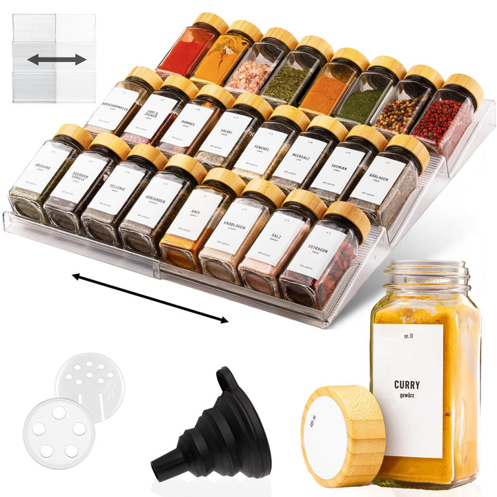 Deco haus® Gewürzregal Schublade [MIT 24 GEWÜRZGLÄSER & ETIKETTEN] - Gewürz Organizer Schublade - Ge
