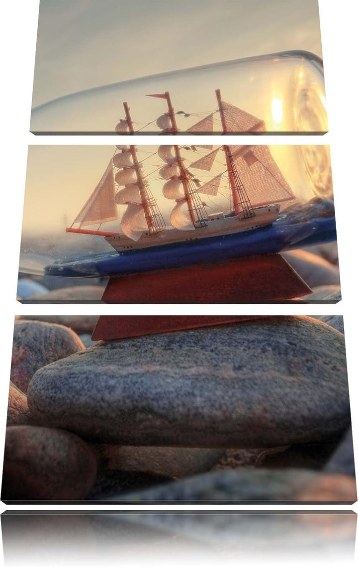 Pixxprint Flasche mit Schiff als Leinwandbild | Grösse: 3 Teilig (120x80) | Wandbild| Kunstdruck | f