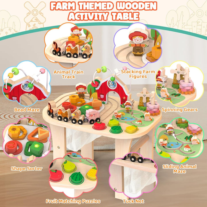 Aktivitätstisch für 1-jährige, Holz-Sinnestisch mit Perlen Labyrinth, Formensorter und Tierische Sch