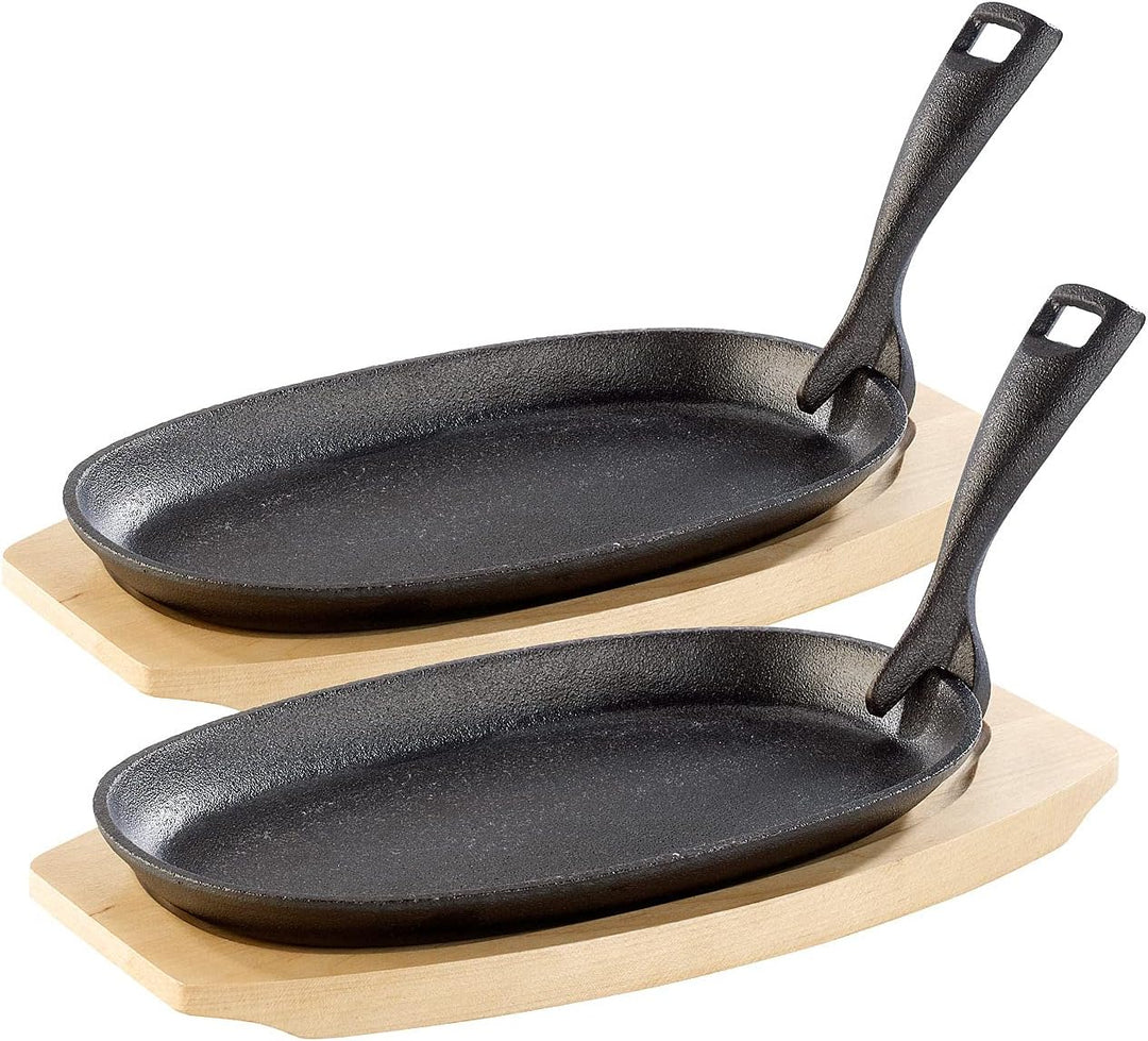Tornwald-Schmiede Servierpfännchen: 2 Profi-Servierpfannen, Gusseisen, mit Untersetzer, 28x18x2 cm,
