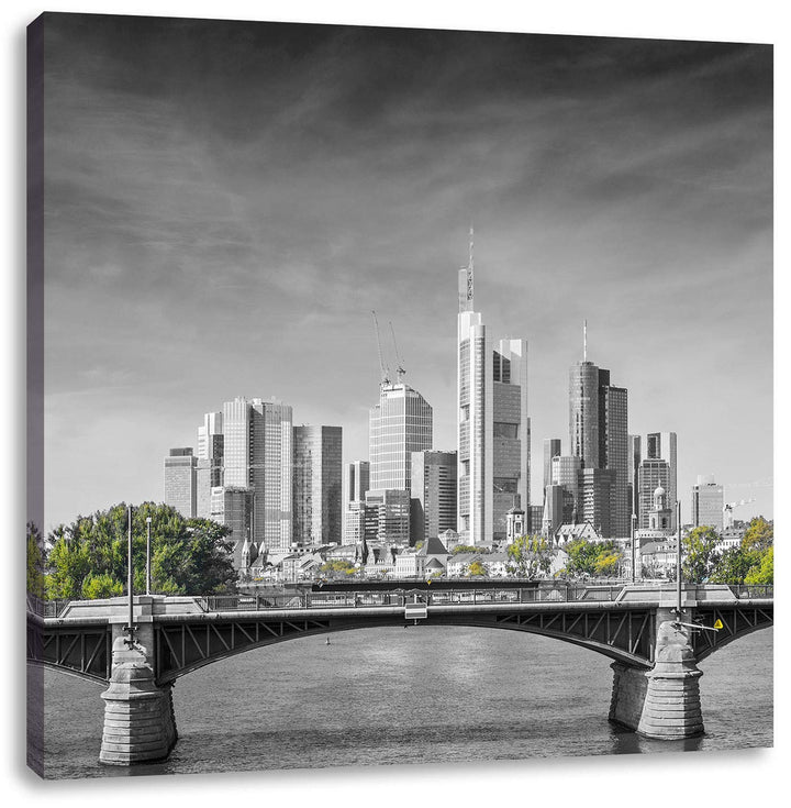 Pixxprint schöne Skyline von Frankfurt am Main schwarz/weiss, Format: 70x70 auf Leinwand, 70x70