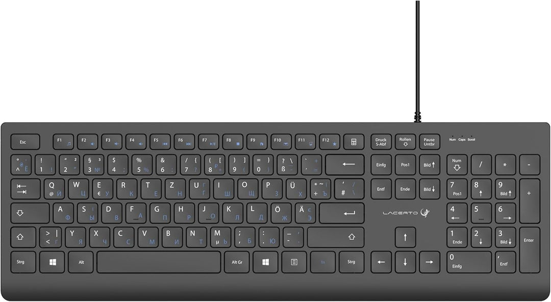Russisch-Deutsche Multimedia Tastatur, USB, Spritzwassergeschützt | Russian-German Wired USB Multime