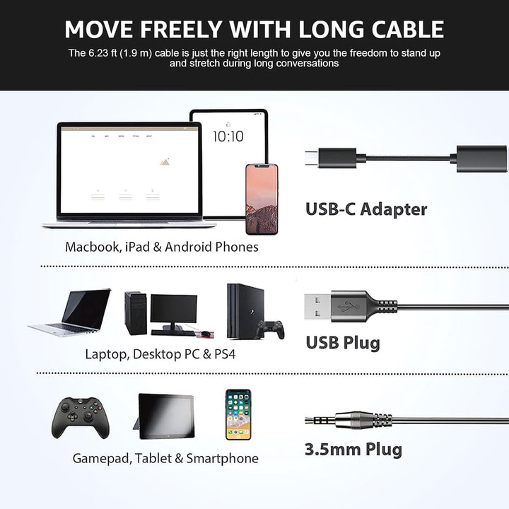 Wantek USB Headset mit mikrofon, USB/3,5-mm PC Kopfhörer mit Lautstärkeregler, Stummschalttaste, Com