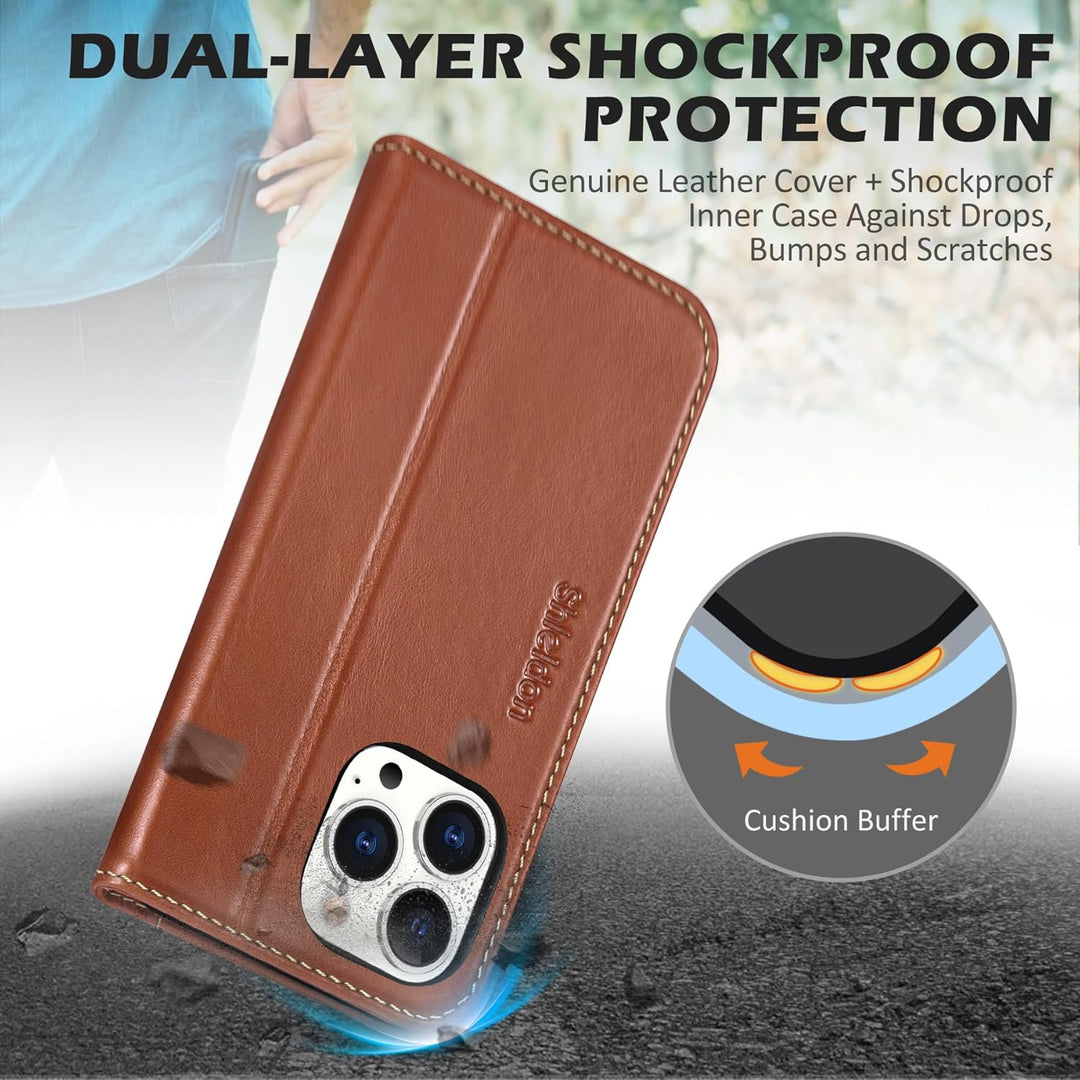 SHIELDON Hülle für iPhone 15 Pro Max, Handyhülle [Echtleder] [Kartenfach] [Magnet] [Stand] [RFID Blo