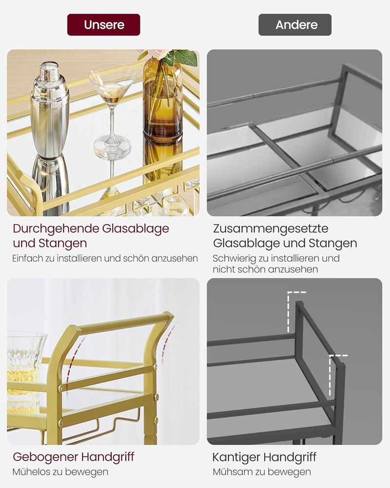 VASAGLE Servierwagen, 3 Ebenen, Rollwagen, mit Rollen, Griffen, verspiegelte Glasablagen, für kleine