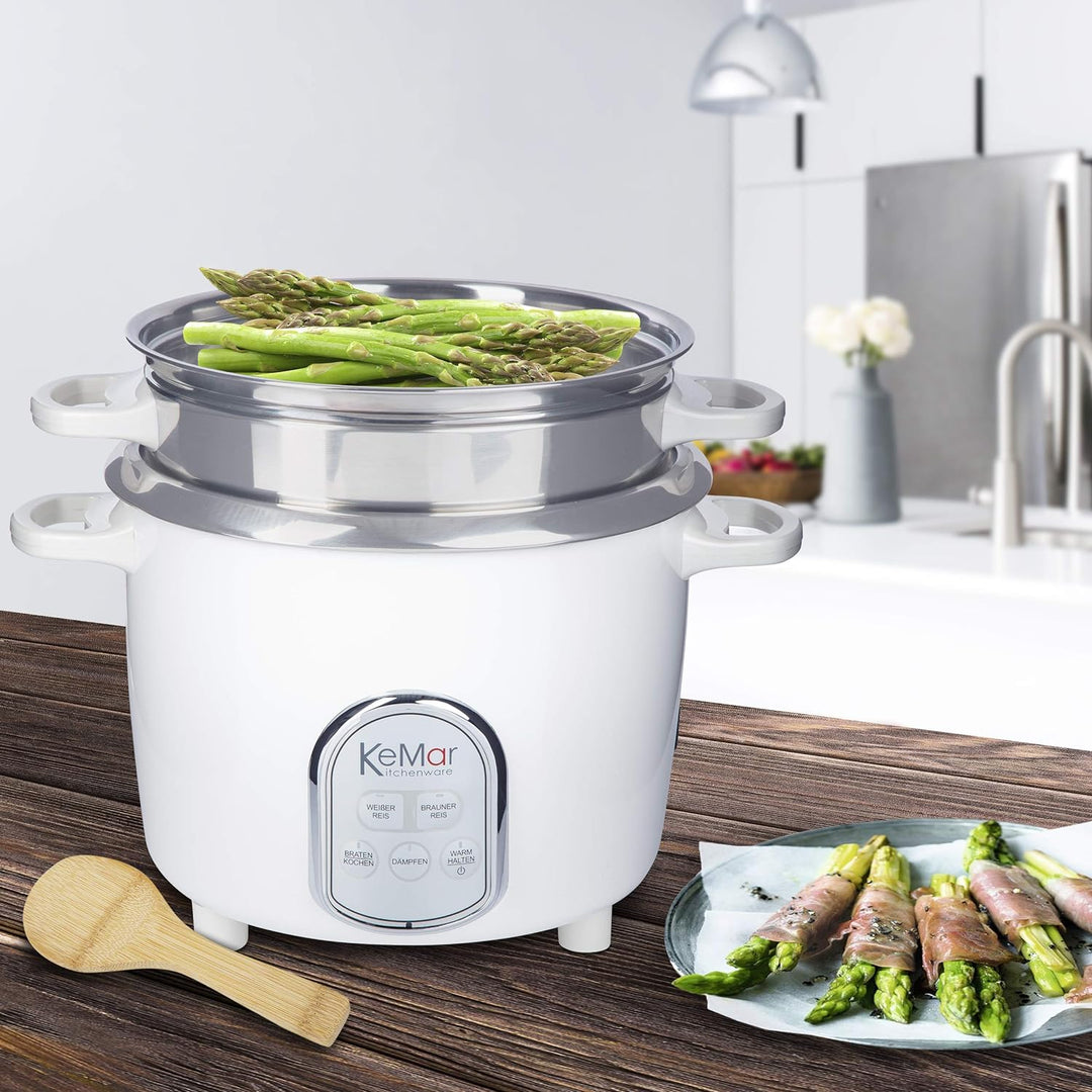 KeMar Kitchenware KRC-175 Reiskocher | 5 Programme | 1,4L | 500W | Edelstahltopf | Glasdeckel |