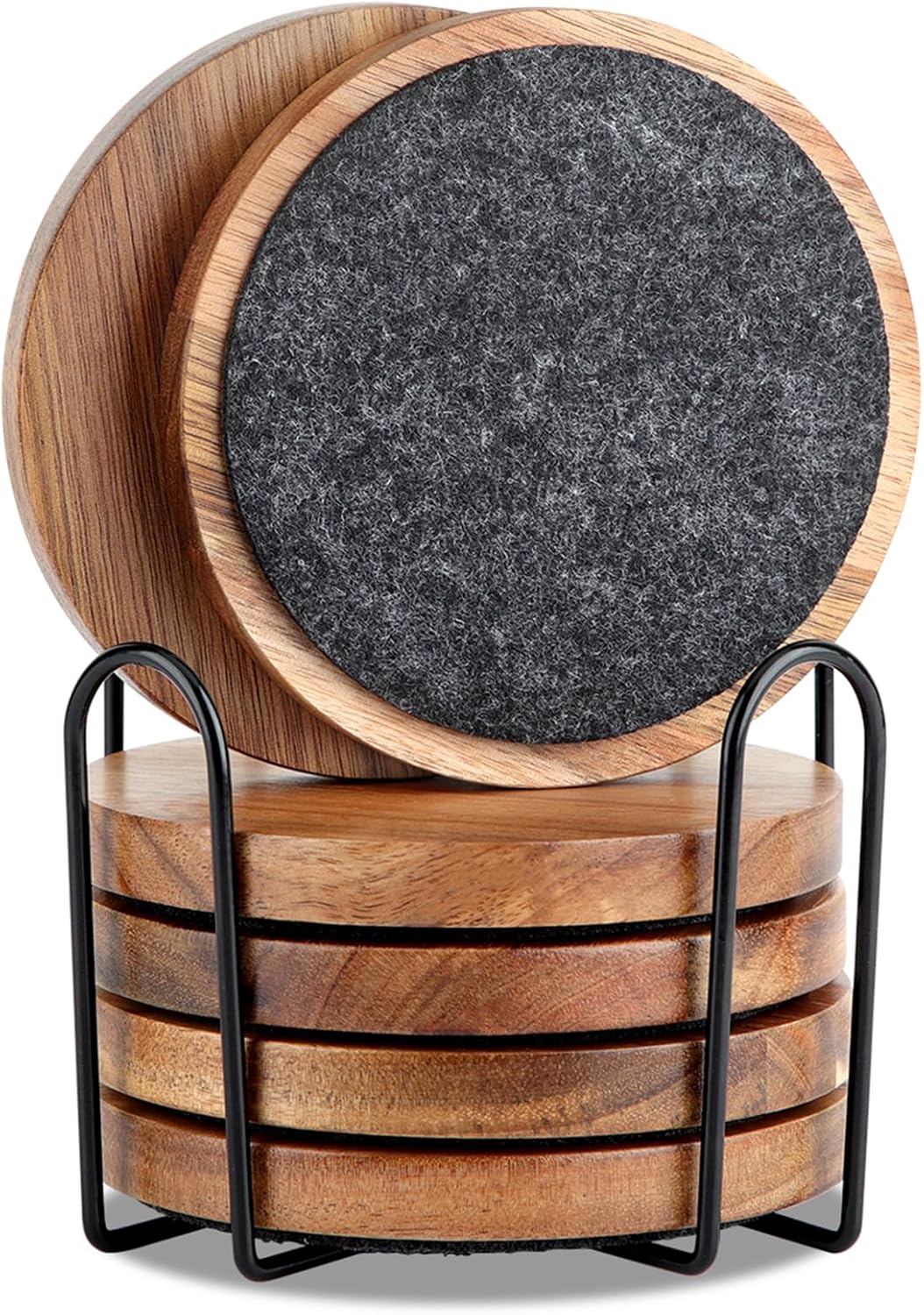 Untersetzer Gläser Holz 6er Set, Untersetzer aus Akazienholz & Filz mit Halter, Glasuntersetzer Holz