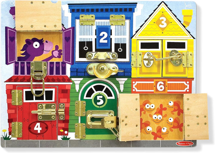 Melissa & Doug Motorikbrett aus Holz für Kinder ab 3 Jahren mit Schlössern und Riegeln Verriegelungs