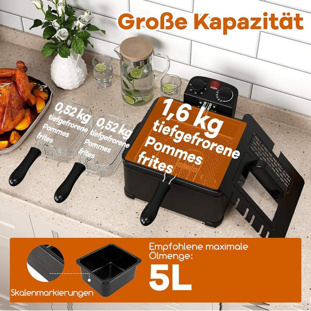 COSTWAY Fritteuse 3L, 2000 W Friteuse mit Öl, Fettfriteuse mit einstellbarem Thermostat 150-190℃ & T