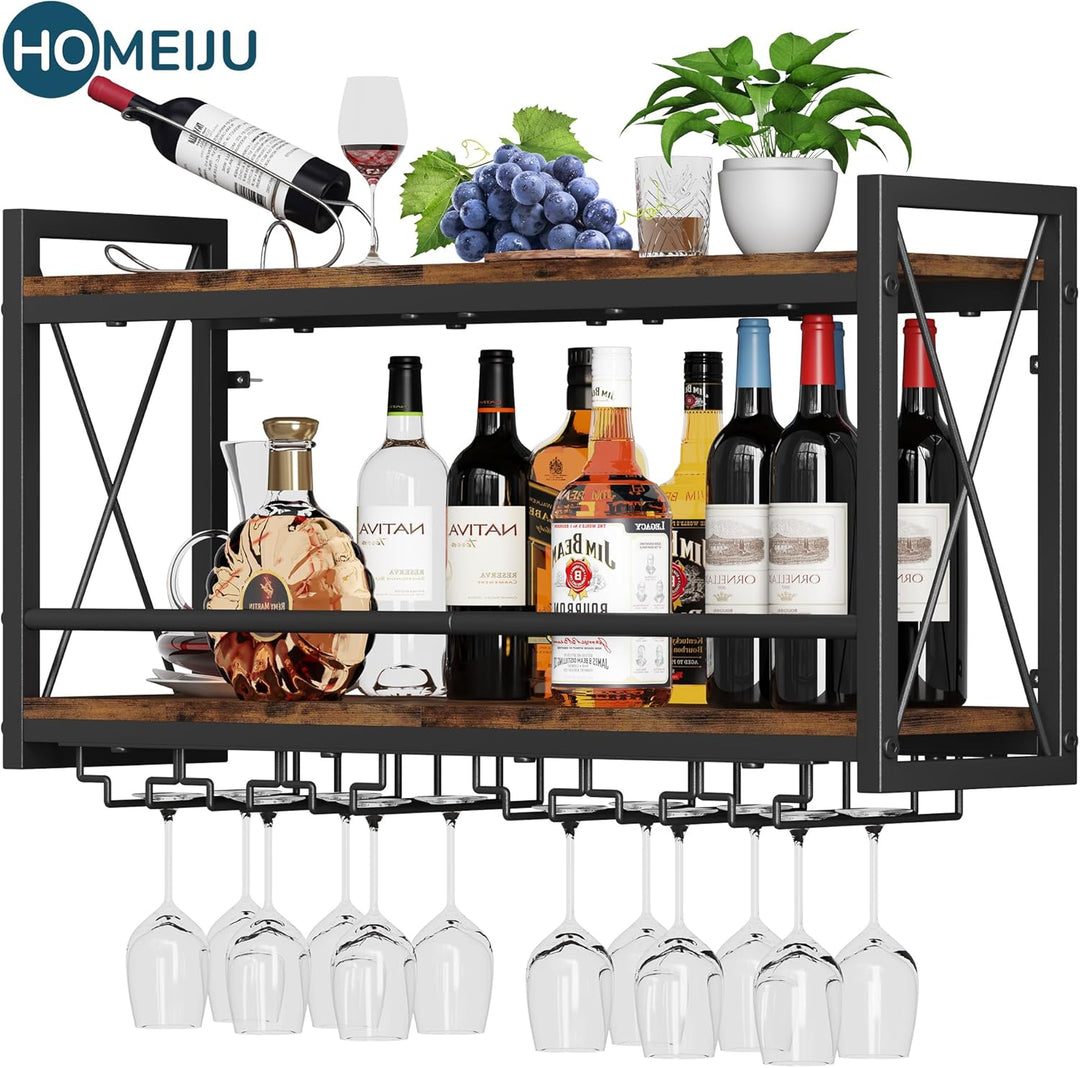 Homeiju Wandmontiertes Weinregal, Flaschen- und Glashalter, Holz, Metall, Retro, schwimmendes Weinre