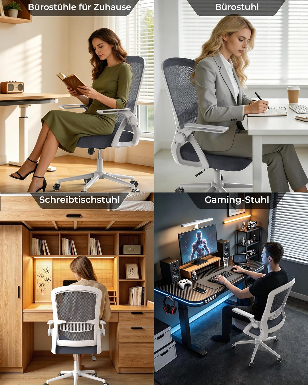 rattantree Schreibtischstuhl Ergonomischer Hellgrau für Zuhause Büro Hellgrau Ohne Kopfstütze, Hellg