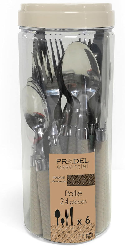 Amefa PAILLE Besteck Set 6 Personen | Essbesteck 24-teilig | helle Griffe im Flechtdesign | Besteck