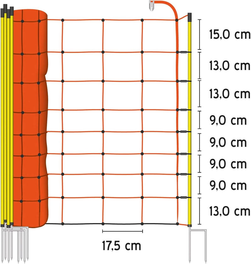 VOSS.farming Schafzaun 50 m 90 cm 14 Pfähle wahlweise 1 oder 2 Spitzen Elektrozaunnetz Schafnetz Wei