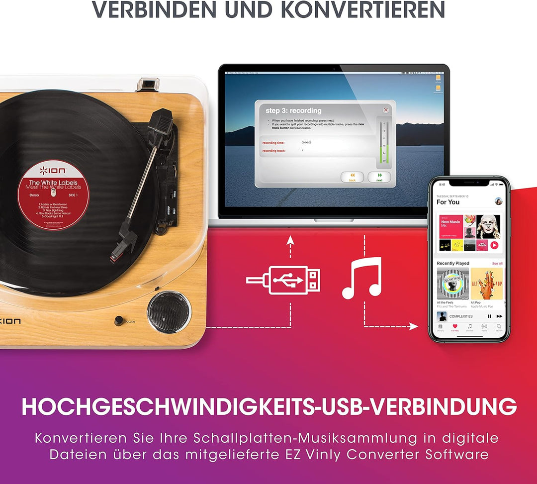 ION Audio Max LP - Vinyl Plattenspieler Bluetooth mit eingebauten Lautsprechern und USB, holzfarben