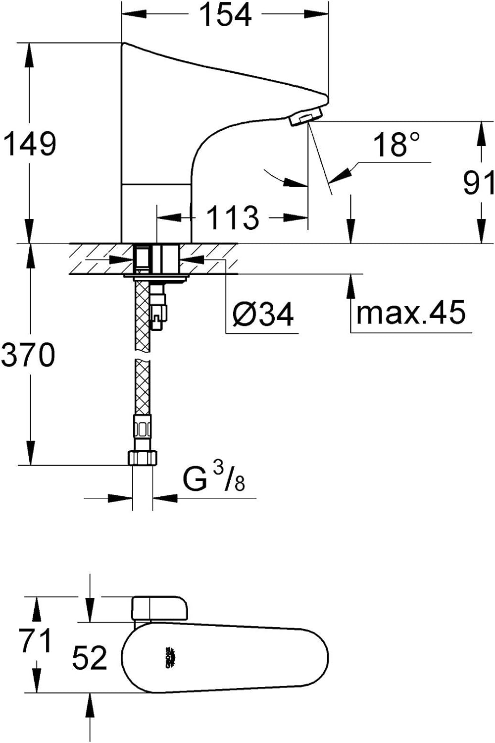 Grohe Europlus E | Infrarot-Waschtischarmatur mit Temperaturregulierung, batteriebetrieben | chrom |