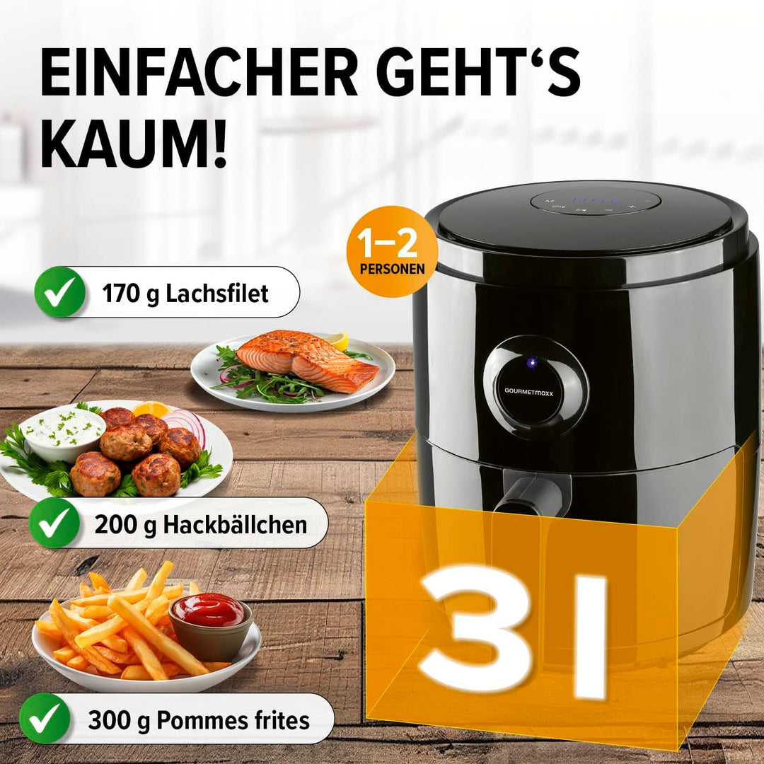 GOURMETmaxx Heissluftfritteuse | 3L Airfryer mit Timer & Touchscreen | Fritteuse mit 8 Funktionen &