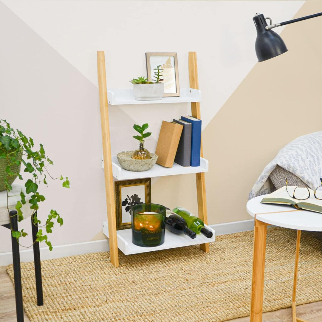 DuneDesign 3 Fächer Bambus Leiterregal - 45x90 Holz Leiter - Badezimmer Regal Deko Treppe Bad Ablage