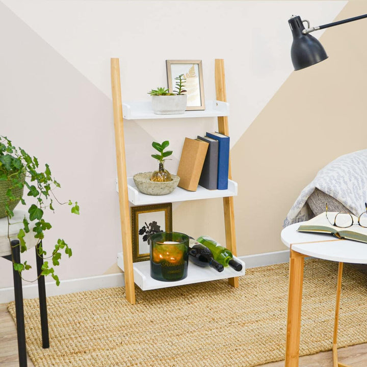 DuneDesign 3 Fächer Bambus Leiterregal - 45x90 Holz Leiter - Badezimmer Regal Deko Treppe Bad Ablage