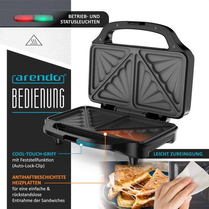 Arendo - Sandwichmaker mit Antihaftbeschichtung – 900 W - automatische Temperaturregelung – Sicherhe