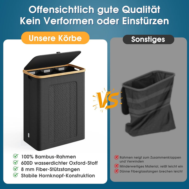 Wäschekorb 3 Fächer 160L, Wäschesammler mit Deckel, Bambusrahmen und 600D wasserdichtem Oxford Stoff