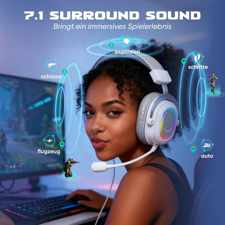 FIFINE Gaming Headset mit Mikrofon, Over Ear Kopfhörer mit Kabel, USB Headset für PC PS4 PS5, RGB He
