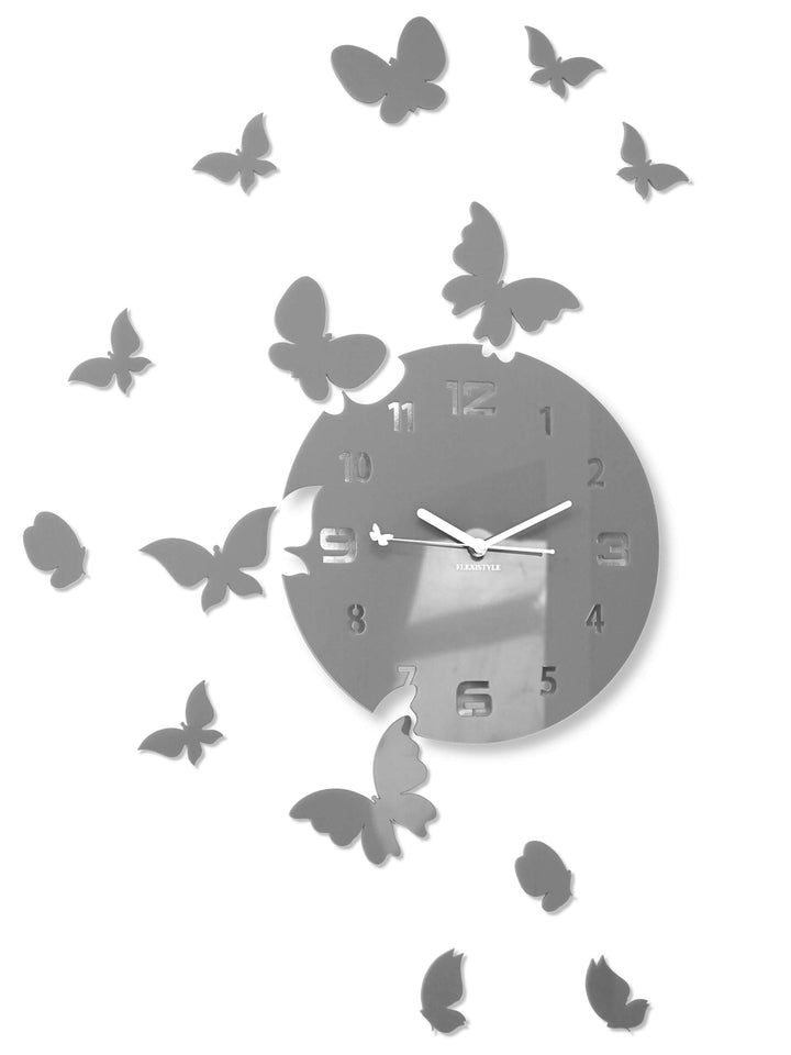 FLEXISTYLE Grosse Moderne Wanduhr Schmetterling rund 30cm, 15 Schmetterlinge, Wohnzimmer, Schlafzimm