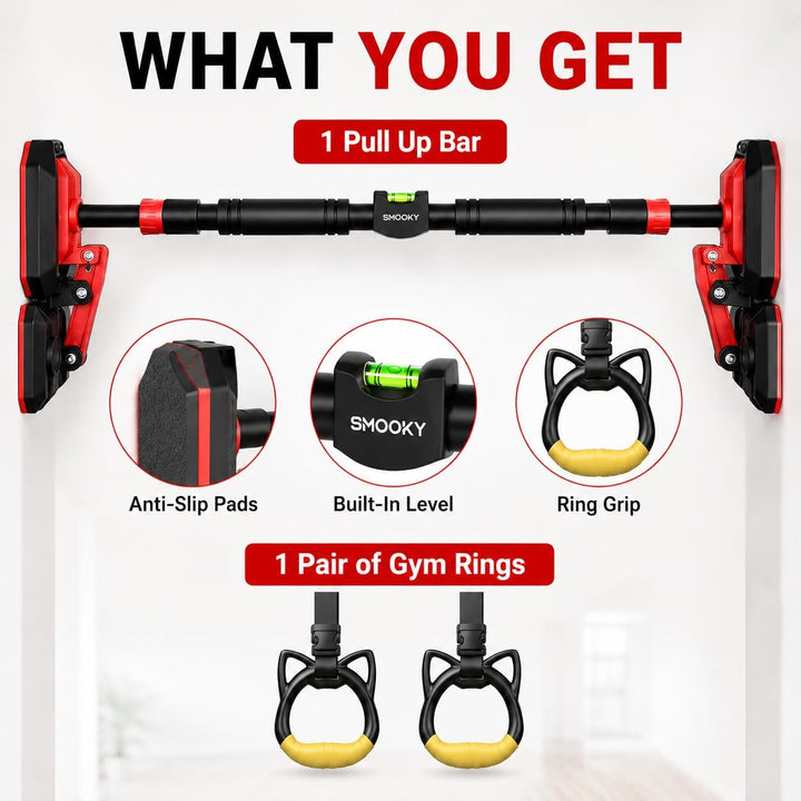 No-Drill Heavy-Duty Pull-Up Bar, Adjustable 96–145 cm for Hallways, Comes with 2 Pull Rings, Home Up