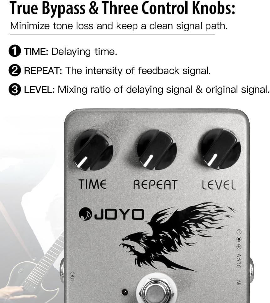 JOYO Digitales Delay-Effektpedal für E-Gitarre und Bass, Verzögerungszeitbereich 25–600 ms, Sounds „