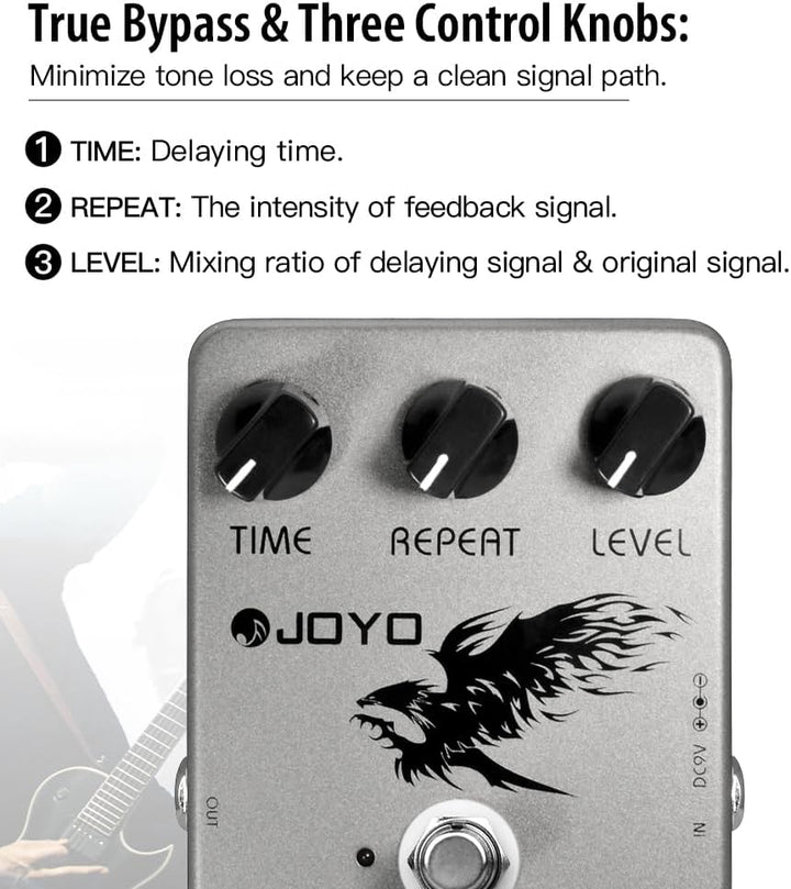 JOYO Digitales Delay-Effektpedal für E-Gitarre und Bass, Verzögerungszeitbereich 25–600 ms, Sounds „