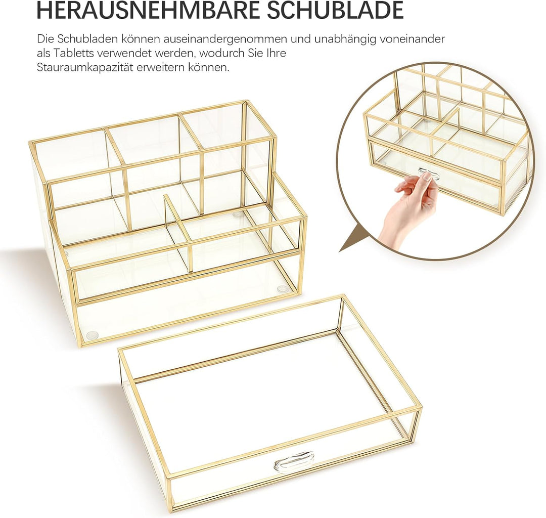 HARLIANGXY Kosmetik Organizer mit schubladen, Make up Organizer Gold, Make up Pinselhalter Glas, Bea