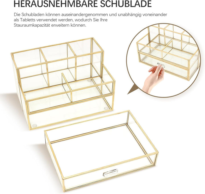 HARLIANGXY Kosmetik Organizer mit schubladen, Make up Organizer Gold, Make up Pinselhalter Glas, Bea
