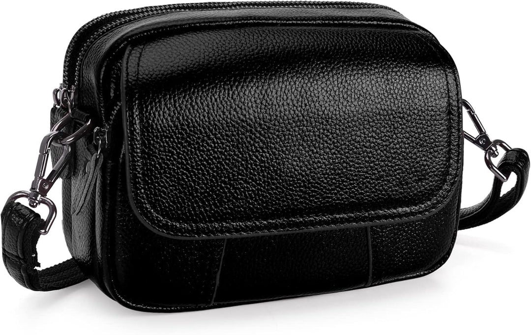 HAWEE Damen Handy Umhängetasche Echtes Leder Crossbody Schultertasche mit 3 Reissverschlüsse Kleine