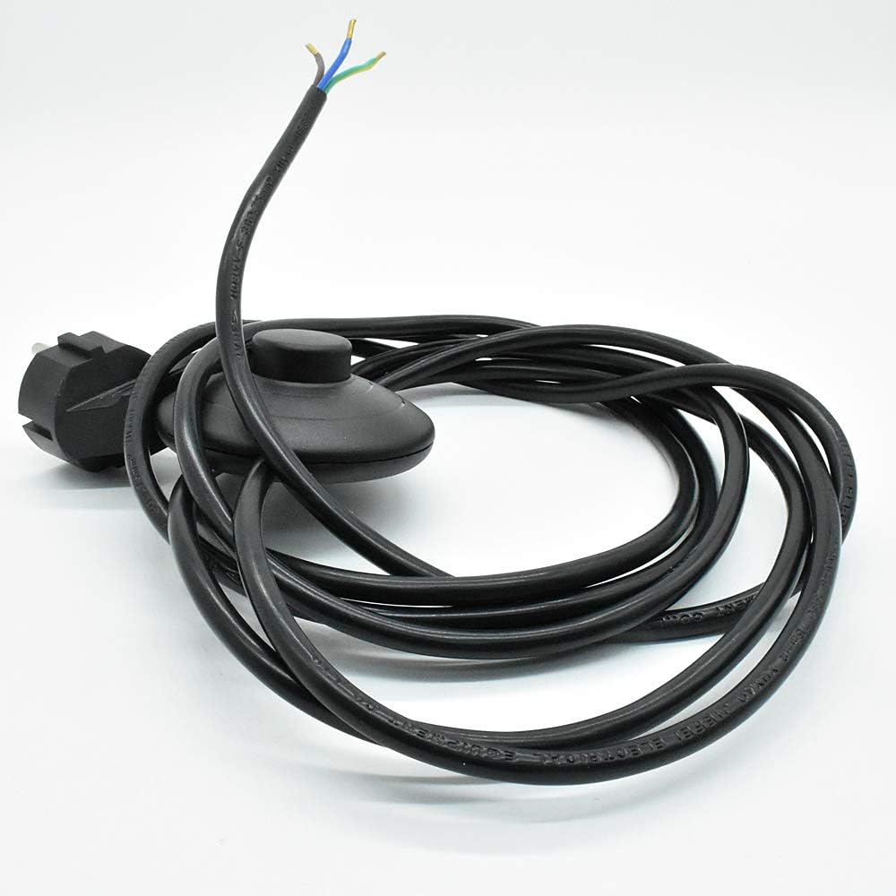 Zuleitung 3 m Schwarz mit Schutzkontakt Winkelstecker und Fussschalter AN AUS Anschlusskabel H03VV-F