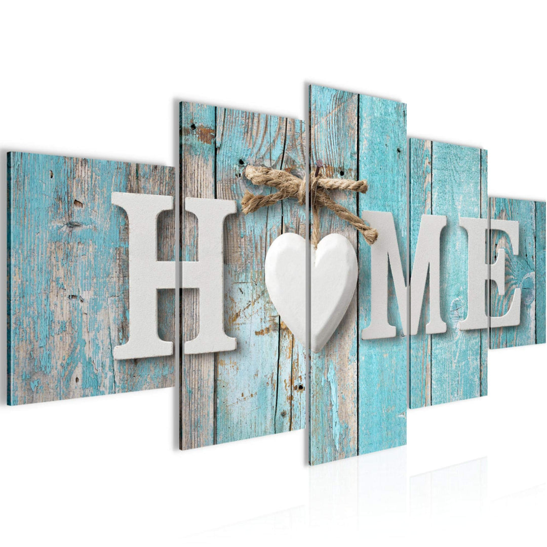 Runa Art Wandbilder Home 5 Teilig Bild auf Vlies Leinwand Deko Wohnzimmer Holzoptik Türkis Grau 0148
