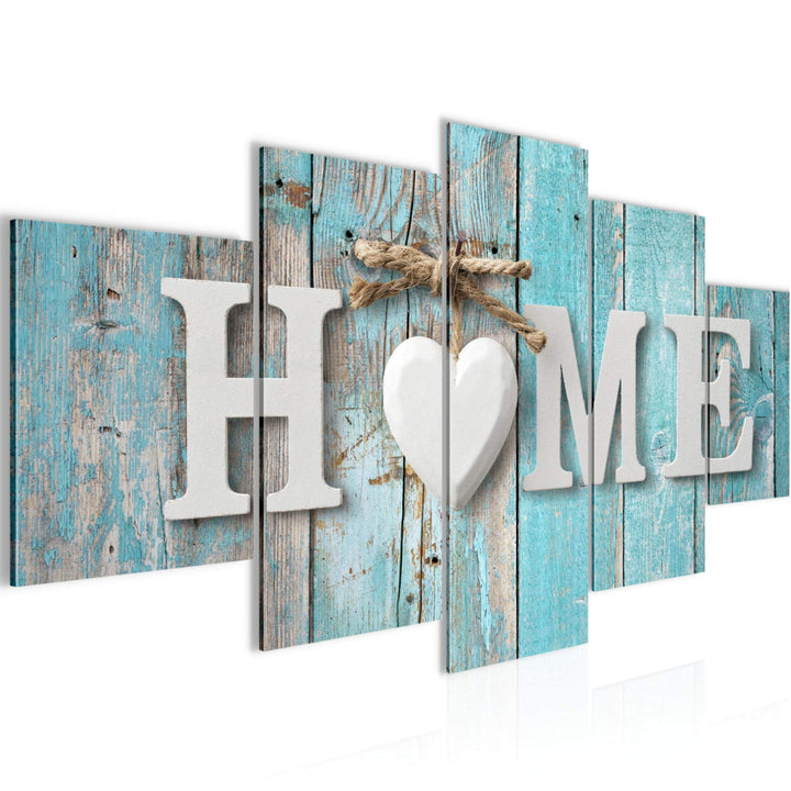 Runa Art Wandbilder Home 5 Teilig Bild auf Vlies Leinwand Deko Wohnzimmer Holzoptik Türkis Grau 0148