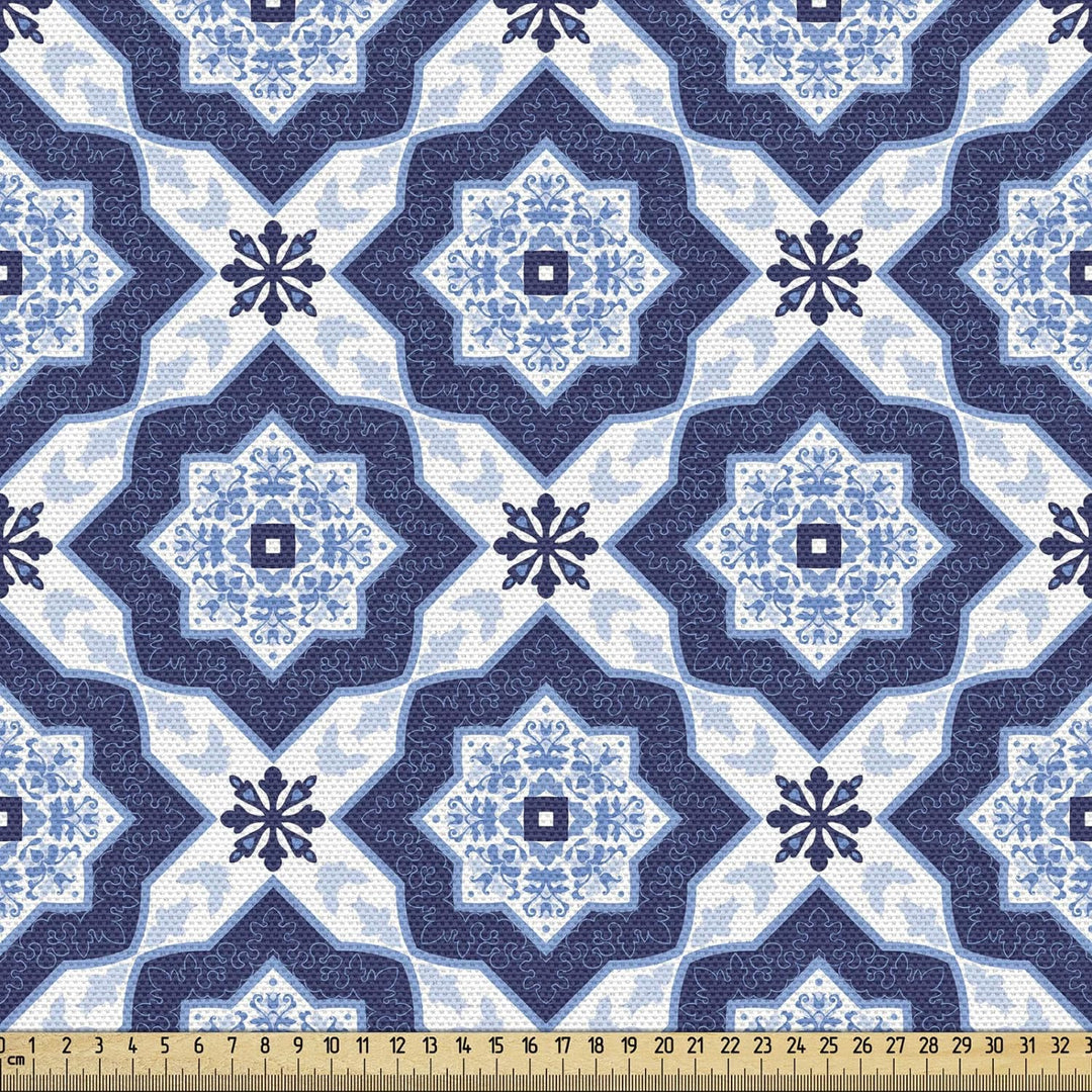 ABAKUHAUS Blau Gewebe als Meterware, Portugiesisches Azulejo-Mosaik, Dicht Gewebter Stoff zum Nähen